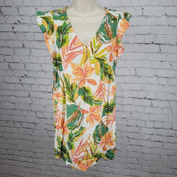 Nicole Miller Multicolor 100% Linen Leaf Print Flutter Sleeve Shift Dress XS - Picture 1 of 10